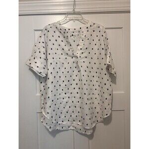 Pure Linen Short Sleeve -neck Blue Polka Dot Top Size 14 Summer Coastal Preppy